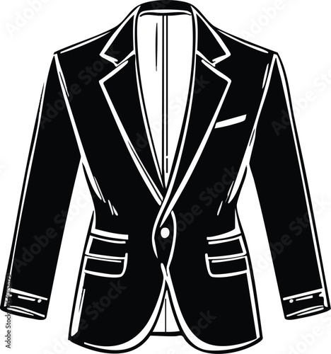 Simple black and white illustration of a formal single-breasted men blazer jacket clothing.
