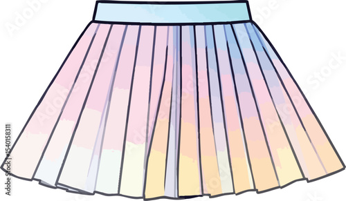 Watercolor illustration of a pleated skirt with a pastel rainbow gradient design.