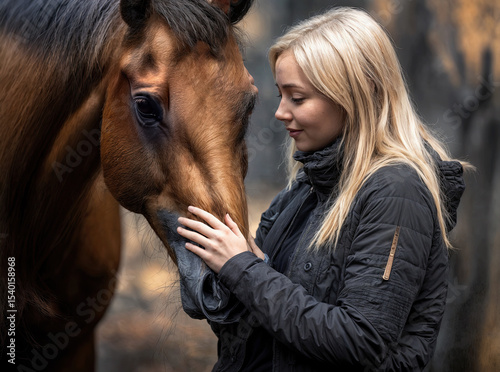 A woman's hands caress the horse's head, a tender moment shared outdoors.