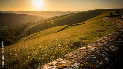 Golden Sunset Over Rolling Green Hills With Stone Wall And Wildflowers