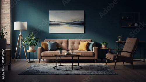 Elegant Living Room Interior Featuring Brown Sofa Green Plants and Blue Wall