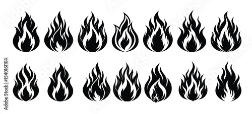 Collection of 16 Fiery Flame Icons Black and White Fire Symbols for Design Projects