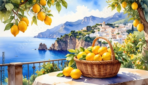 Illustrated Mediterranean coastal view with lemon trees and ocean vista depicting holiday vibes, summer escape, Amalfi Coast or Greek island experience