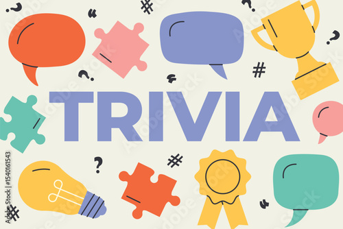 Trivia word with speech bubbles, puzzles, question marks, lightbulb and award icons – perfect for quiz night posters, brain game apps, or social media posts about fun facts and 