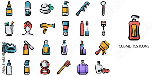 Cosmetics simple New concept 24 hand drawn color icons set .Vector illustration.	