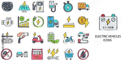 Electric Vehicles simple New concept 24 hand drawn color icons set .Vector illustration.	