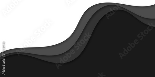 Abstract black waves flow smoothly over a white background, creating a layered, modern paper-cut design. This minimalist composition evokes elegance, motion, and depth in a sleek monochrome style.
