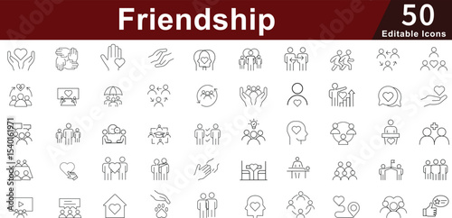 Friendship Social Icon Set - 50 Editable Relationship Community Icons for Connection, Support and Social Interaction Vector Collection