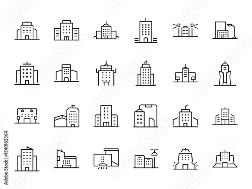 Illuminated Outline of Office Complex Flat Design – Modern Architectural Silhouette with Glowing Edges for Urban Business Spaces, Corporate Buildings, and Nighttime Cityscape Visuals