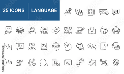 Language set of web icons in line style. Translation and communication linear icon collection. Containing translate, writing, speech, speaking, dictionary, text, language. Editable stroke