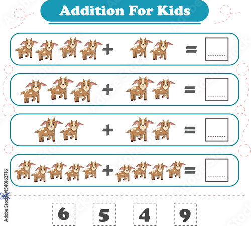 Addition for children. Addition with goat. Worksheets for children. Vector illustration