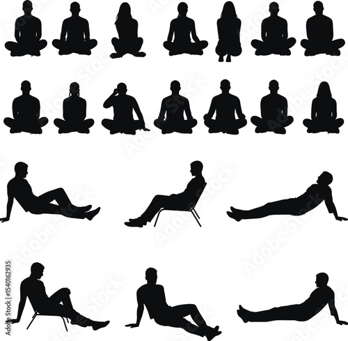 Silhouette people sitting on floor and chair in yoga pose, casual posture, meditation position, isolated on white, vector design for relaxation, mindfulness, lifestyle, health concepts
