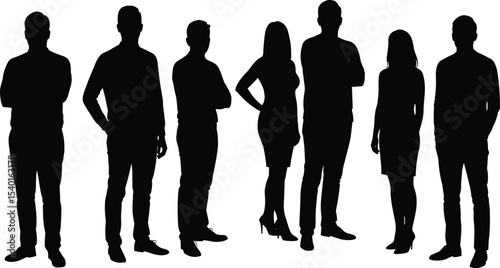Silhouette of diverse standing people, black figures, men and women, full body vector illustration, casual pose, isolated white background, professional posture, group silhouette design