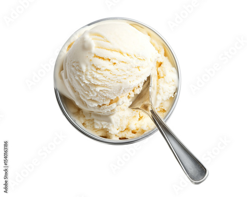 Creamy vanilla ice cream scoop in glass bowl with spoon