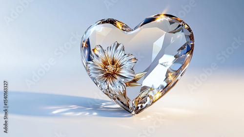 Beautiful crystal heart with intricate flower design, reflecting light and showcasing elegance and artistry. Perfect for romantic occasions