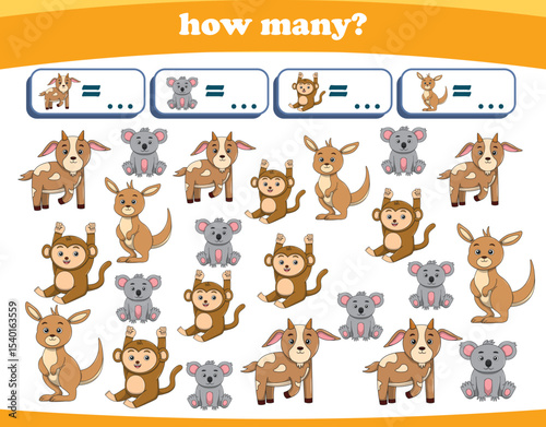 Counting game of wild animals for preschool kids. Printable. Vector Illustration