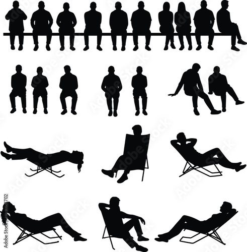Silhouette of people sitting, relaxed and casual poses, lounge chairs, benches, multiple figures, various sitting postures, black vector illustration, leisure activity, human silhouettes collection