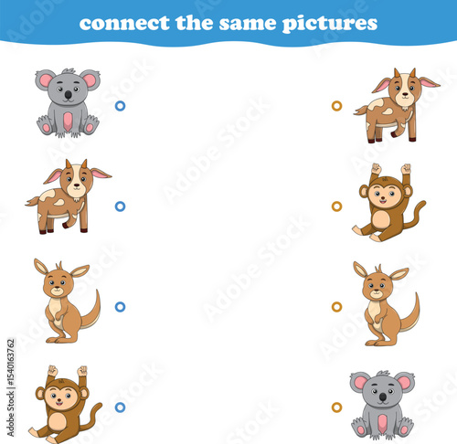 Education game for children connect the same picture of cute cartoon wild animal printable. Vector Illustration