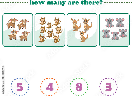 Counting game of wild animals for preschool kids. Printable. Vector Illustration