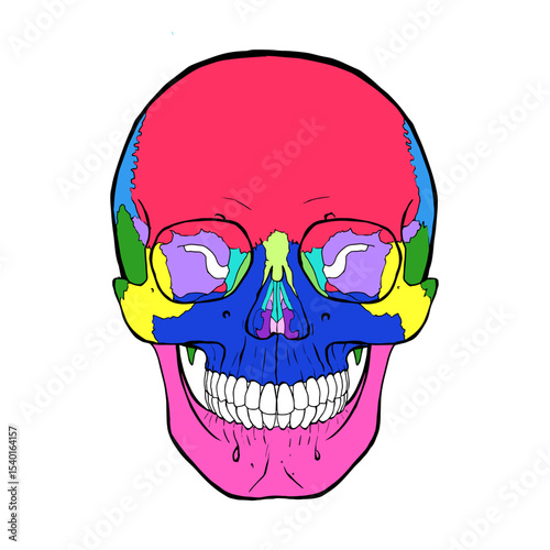 Color-Coded Human Skull Anatomy Diagram with Bone Labels