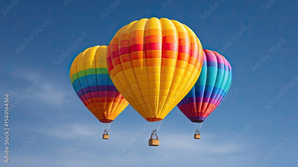 Colorful Hot Air Balloons in Clear Blue Sky Over Scenic Landscape Colorful Hot Air Balloons in Clear Blue Sky Over Scenic Landscape