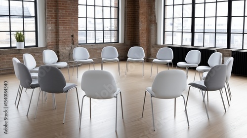 Meeting space with modern chairs arranged in a circle for discussion