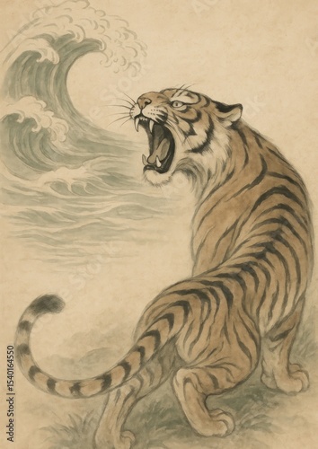 Fierce tiger with ocean waves.