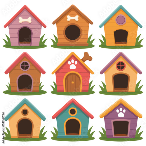 Colorful dog houses set vector isolated white background