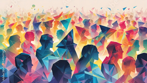 Vibrant crowd of diverse individuals, depicted in a stylized, geometric art style, with colorful, fragmented forms representing unity and energy.