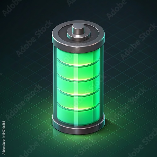 Fully charged battery icon illuminated green representing full energy and power levels