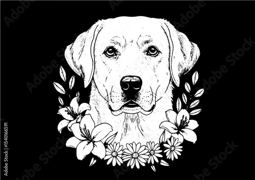 Labrador Retriever pet dog head with flower and leaf decoration, hand drawn engraving retro line art vector illustration, for memorial