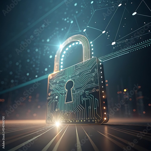 Futuristic cyber security concept with illuminated circuit board lock illustration
