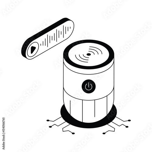 Premium isometric icon showing smart speaker with sound waves