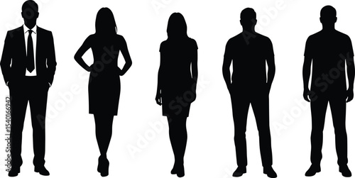 Silhouettes of diverse men and women standing, front view, isolated on white background, casual and business attire, professional pose, people collection, fashion outline, vector graphic