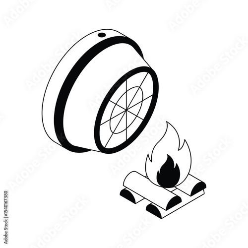 A trendy isometric outline icon of fire detector system