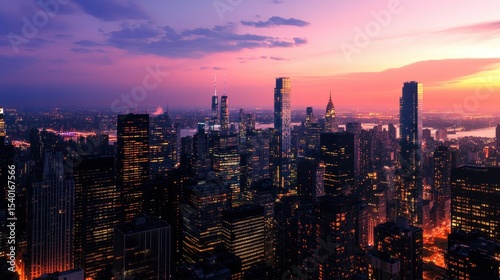 Vibrant urban skyline at sunset new york city gigapixel panoramic banner mockup urban environment aerial view cityscape concept