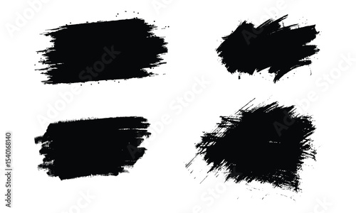 Set of four black grunge brush strokes on a white background. Perfect for use in graphic design, abstract art, banners, texture overlays, or creative projects with a rough or distressed aesthetic.
