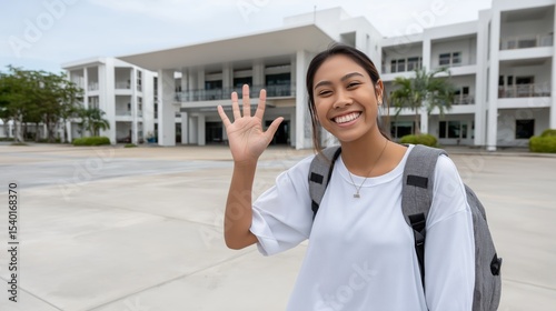 Student waves goodbye in front of modern educational building during daytime