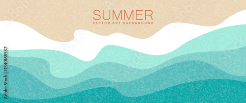 Abstract summer horizontal vector background with blue sea waves,  beach sand and vector texture for cover, flyer, poster, banner, social media, ads. Vacation travel illustration. Promo ads template.