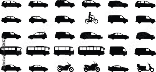 Black Vehicle Silhouette Collection in Grid Layout Featuring Diverse Transportation Types