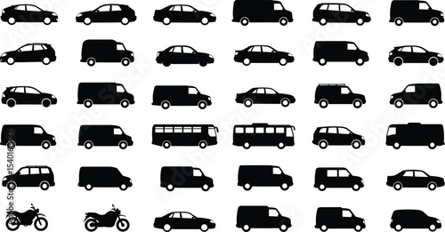 Black Vehicle Silhouette Collection in Grid Layout Featuring Diverse Transportation Types