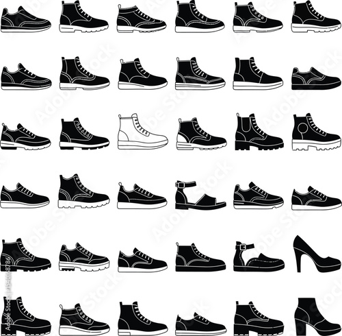 Black Shoe Silhouette Collection in Grid Layout Featuring Sneakers, Boots, Sandals, and Formal Styles