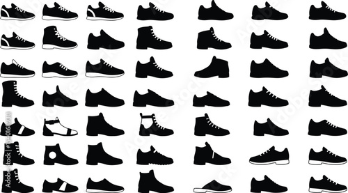 Black Shoe Silhouette Collection in Grid Layout Featuring Sneakers, Boots, Sandals, and Formal Styles