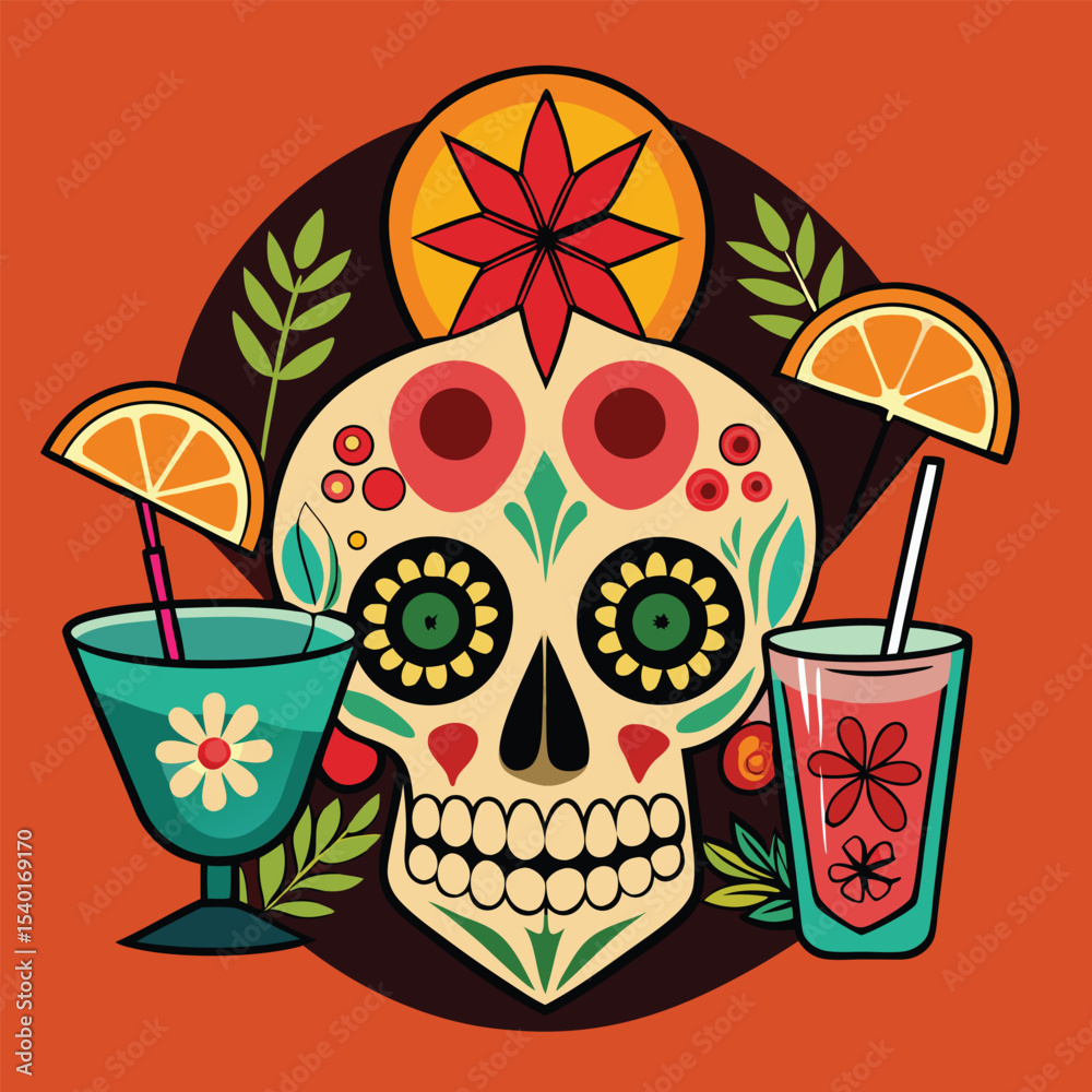 Fototapeta premium Day of the Dead Skulls with Cocktails Vector Illustration