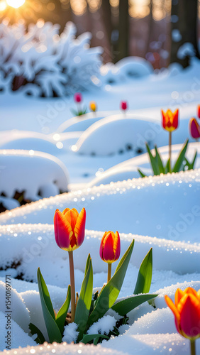 Winter's Vibrant Bloom: Capturing the unexpected beauty as resilient tulips push through the snow, their bright colors a stunning contrast to the winter landscape.