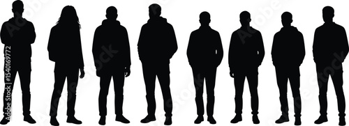 Silhouettes of people standing in casual clothing, hoodie style, modern streetwear, black vector illustration on white background, urban youth fashion, social group, hoodie collection