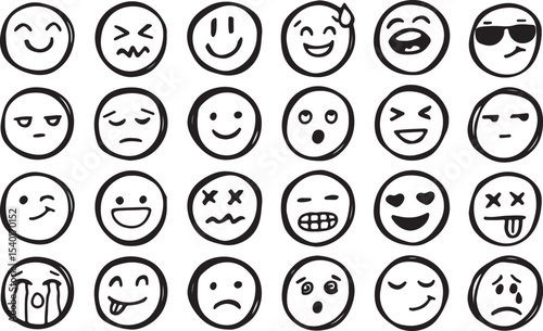 Emoji Face Icons Vector Set, Funny Expression Doodle Faces, Hand Drawn Emoticons