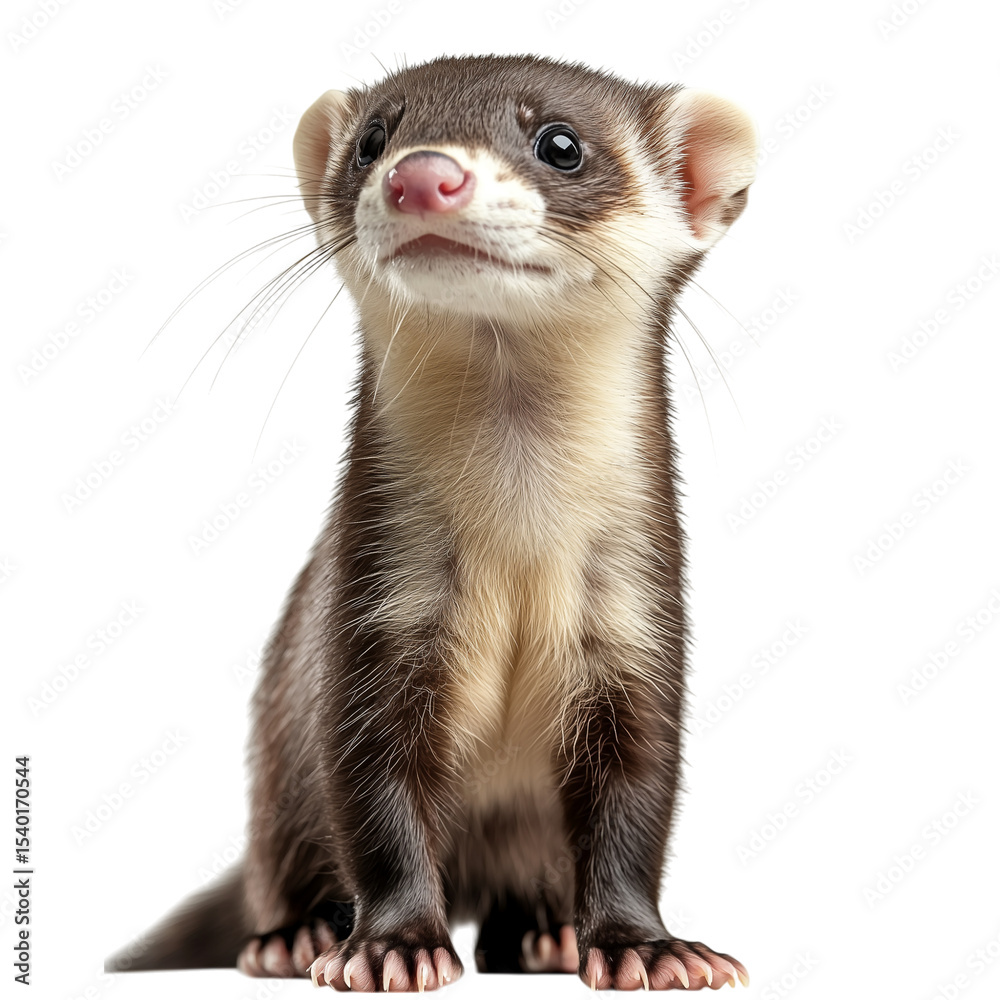 Close-up studio shot of a domestic brown ferret sitting on a white background