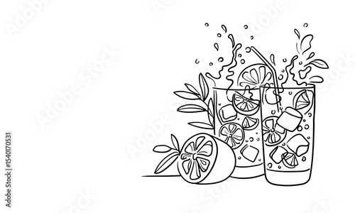Summer lemonade in 2 glasses continious line drawing. Cocktail glasses with drinks. Cheers toast festive decoration for holidays. Vector illustration