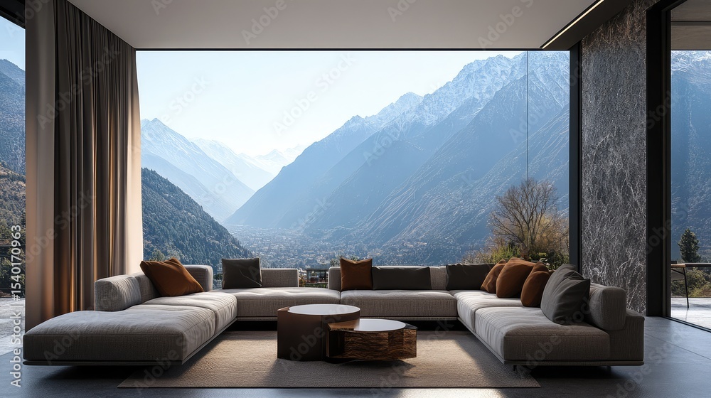 Fototapeta premium Modern Minimalist Living Room with Mountain View in Background, Large Windows and Cozy Couch Set Against Majestic Alpine Scenery For Interior Design Inspiration